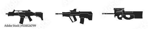 tavor, hk g36 and fn ps90 weapons. assault rifle icon set. vector images for military concepts photo