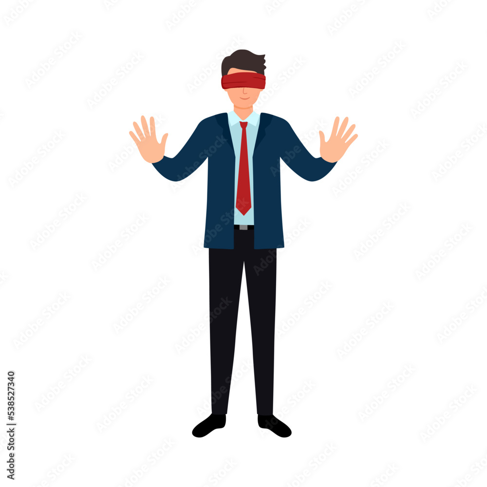 Covered eye. Blindfolded with red cloth. Businessman or manager standing blind before a choice.