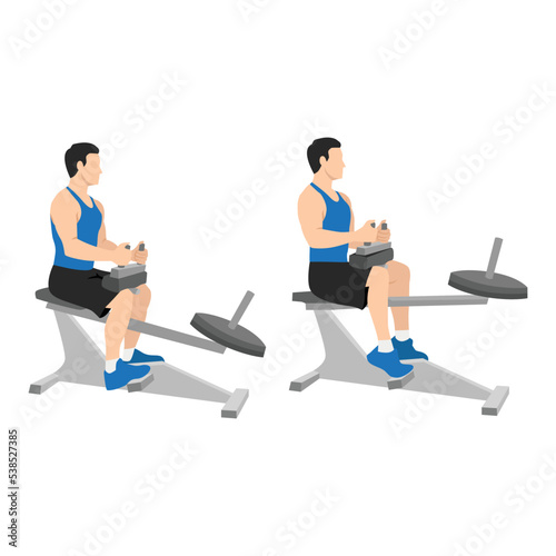 Man doing exercise using gym equipment. Seated calf machine raises. Flat vector illustration isolated on white background