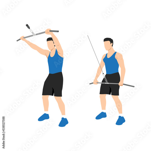 Man doing straight arm pulldown exercise. Flat vector illustration isolated on white background