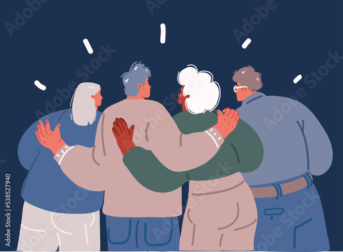 Cartoon vector illustration of Back view of yong people stay together. Rear view.