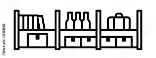 Warehouse icon with storage racks, books, bottles, suitcases and cardboard
