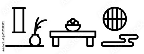 Japanese-style room icon represented by hanging scroll, alcove, chabudai, mandarin orange, fusuma, cloud shelf
