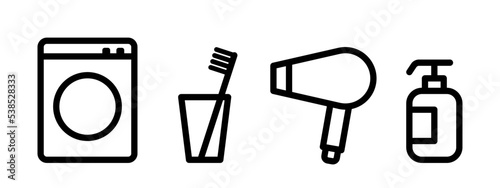 Washroom icon with washing machine, cup, toothbrush, dryer and hand soap