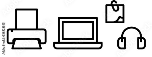 Office room icon with printer, laptop, sticky notes and headphones
