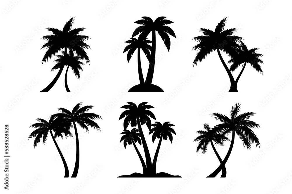 coconut tree silhouette icon, palm tree silhouette vector collection. coconut tree silhouette icon, palm tree silhouette vector collection.
