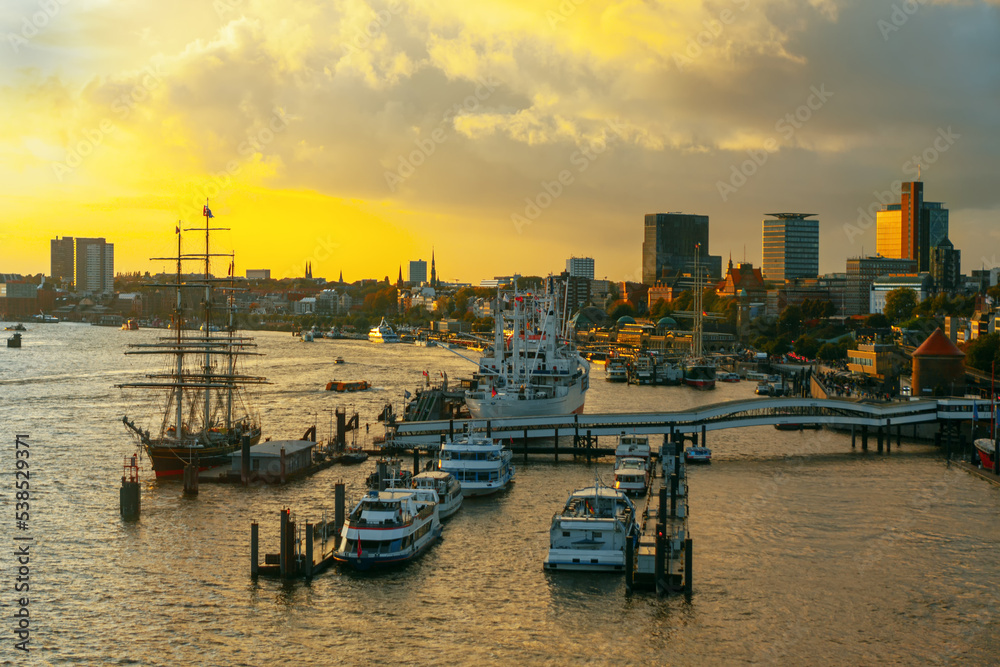 Hamburg in the evening , view of Elba river and boats 