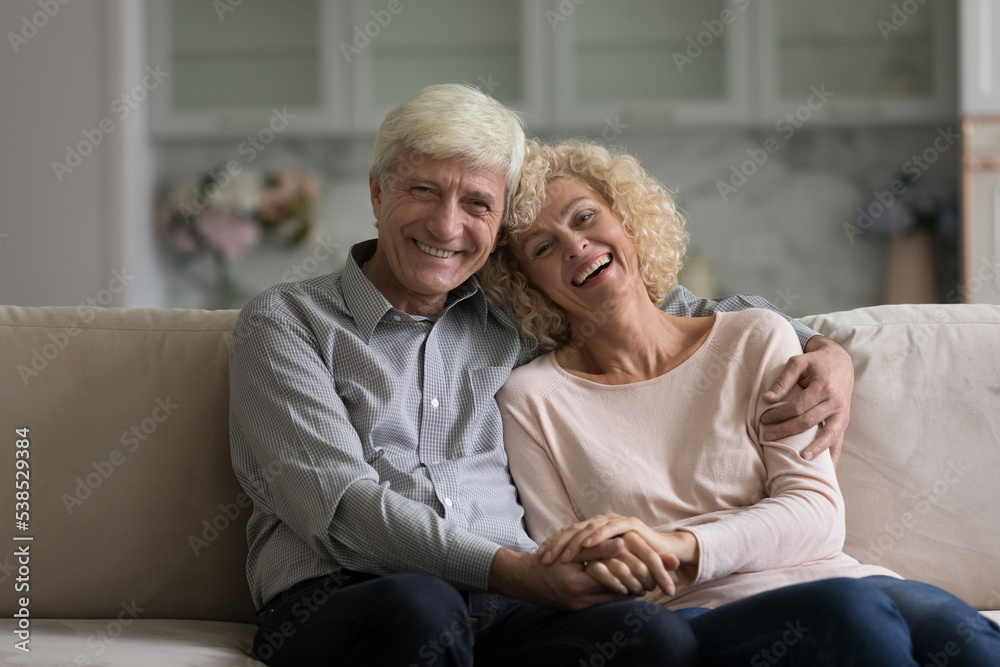 Portrait of optimistic married elderly couple in love staring for cam seated on sofa at modern home. Smiling older spouses looking posing for camera. Carefree well-being retired life, happy marriage