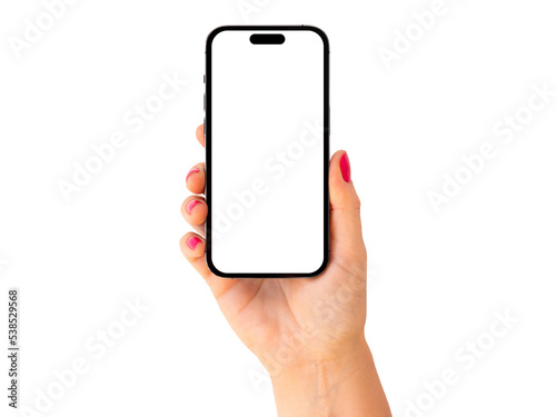 Mobile phone mockup. Person holding phone in one hand.