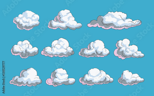 Hand drawn unique clouds set style cartoon Illustration on blue background 