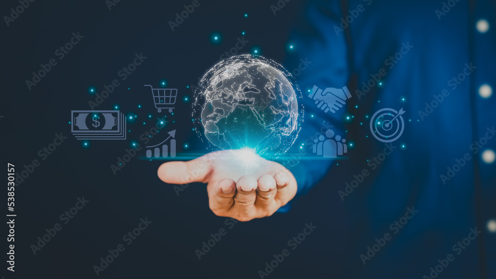 Fototapeta premium Hands showing symbols and icons of technology, applications, world global internet connectivity and digital marketing. Finance and Banking and Sales Concept. Online Marketing, Online Business.