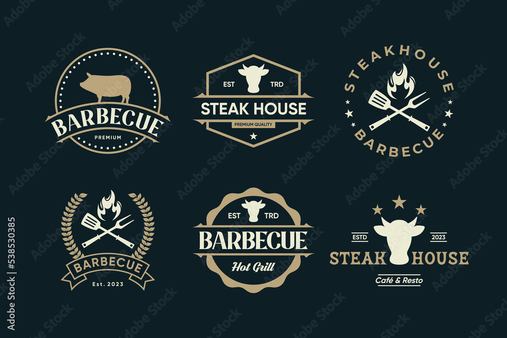 set of Vintage steak house logo set, barbecue grill badges, labels. Retro typography style.