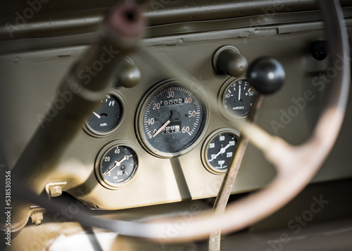 WW2 old US jeep speed dial dashboard in restored world war two military American 4x4.