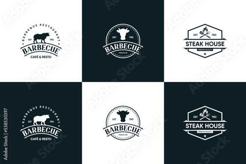 Set of Steak house labels and logos. Meat, barbecue, butchery, steak badges template.