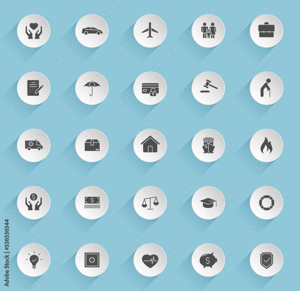 insurance vector icons on round puffy paper circles with transparent shadows on blue background. insurance stock vector icons for web, mobile and user interface design insurance vector icons on round puffy paper circles with transparent shadows on blue background. insurance stock vector icons for web, mobile and user interface design