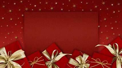 merry christmas, gift box with golden ribbon bow isolated on red sparkle background with stars, gift greeting card ticket top view, copy space template, banner or label, wishes and shopping concept