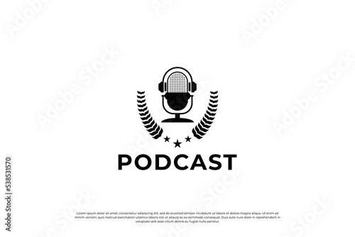 Vintage podcast badge, emblem, label logo design. microphone icon, wreath element logo concept.