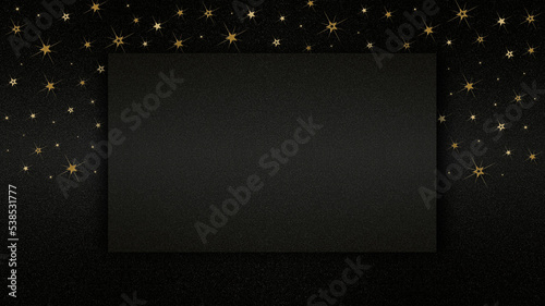merry christmas concept, black blank ticket isolated on sparkle texture background with golden shiny stars, greeting card ticket top view, template, banner or label for wishes and shopping