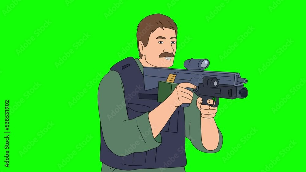 Man shooting from machine gun. 2d loop animation on green screen. Man shooting from machine gun. 2d loop animation on green screen.