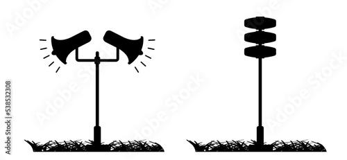 Air raid siren. Alert, alarm. Cartoon megaphone, loudspeaker logo or icon. The air raid siren is a sound signal to warn the population of dangerous situations.  warning sirens. photo