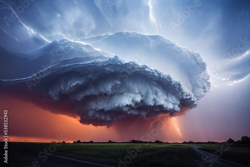 Photo Mothership supercell storm with wind and lightning dramatic scene