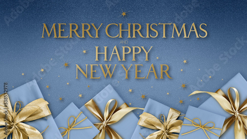 Merry Christmas and happy new year text with gift box with shiny golden ribbon bow isolated on blue sparkle texture background with stars, greeting card, advertising banner for sale and shopping.