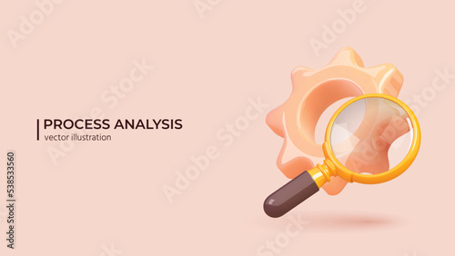 Business Analysis 3D Concept. Measuring, Testing and Comparing business process, Cogwheel with Magnifying Glass for Performance metrics to bests. 3D Vector illustration in cartoon minimal style.