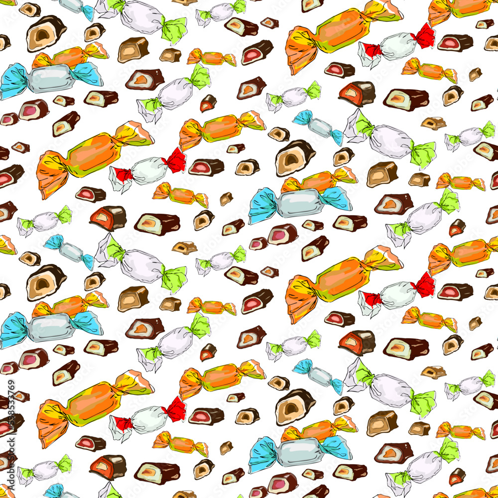 Seamless pattern of colorful wrapped and sliced chocolate candy stuffed ...