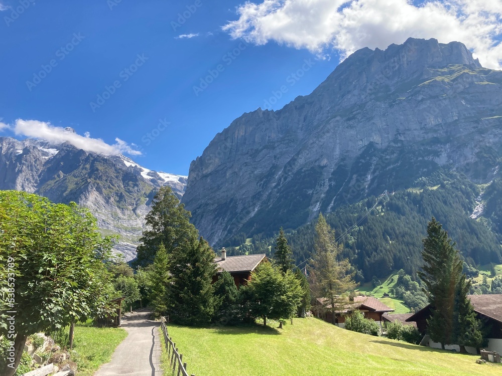 Mountain landscape in summer sunny day. Sunny day mountain nature landscape with trees, fields, green grass, lake and river. Rocky mountain sunny day blue sky landscape. 