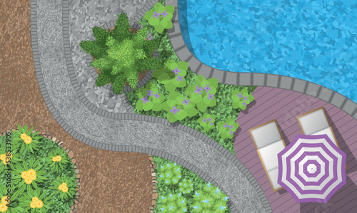 Landscaping in the garden with a path and a swimming pool. Top view. Modern contemporary luxurious garden design. View from above.