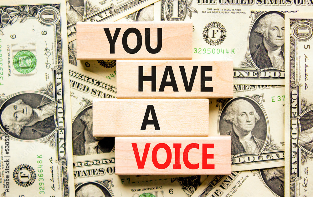 You have a voice symbol. Concept words You have a voice on wooden blocks. Beautiful background from dollar bills. Business, psychological you have a voice concept. Copy space.