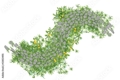 Landscape design. Stone pavement with grass. Top view. Walkway landscape with stone path, paving flagstone. View from above.