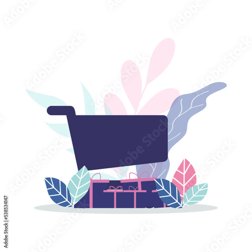 Ecommerce shopping trolly flat concept vector illustration 