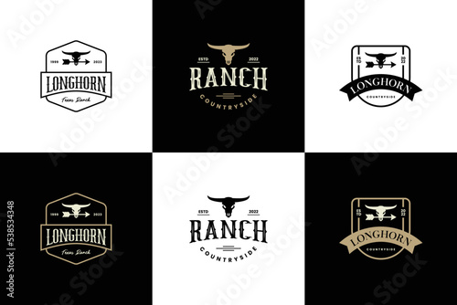 set of longhorn vintage emblem logo design. Bull Cattle Vintage Label Logo Design.