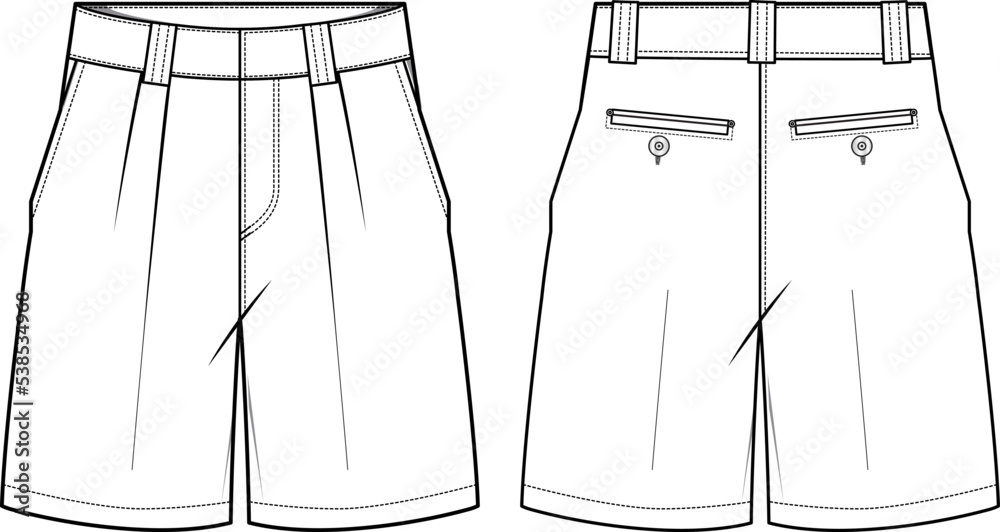 Men's formal Sartorial chino shorts front and back view flat sketch ...