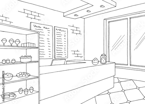 Cafe graphic black white interior sketch illustration vector 