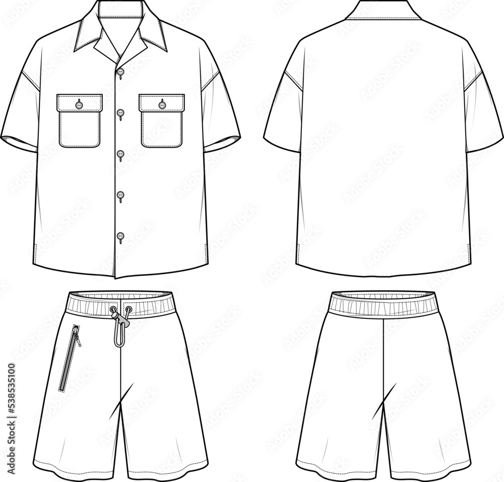 Mens short sleeve resort shirt with shorts set flat sketch illustration ...