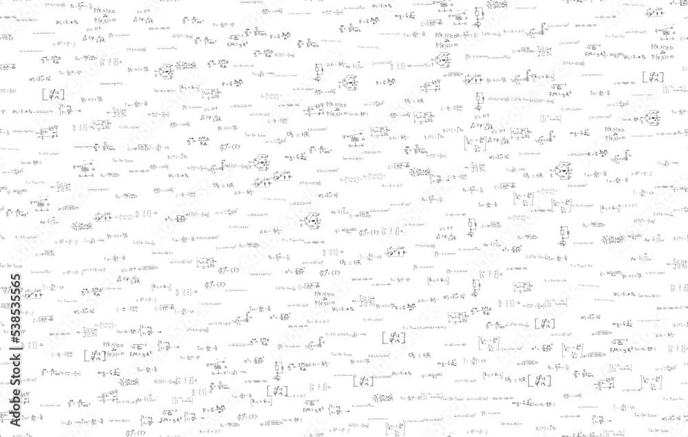 Formulas of astrophysics, quantum mechanics, radio circuits. Scientific, educational background on white. Hand drawn. Formulas of astrophysics, quantum mechanics, radio circuits. Scientific, educational background on white. Hand drawn.