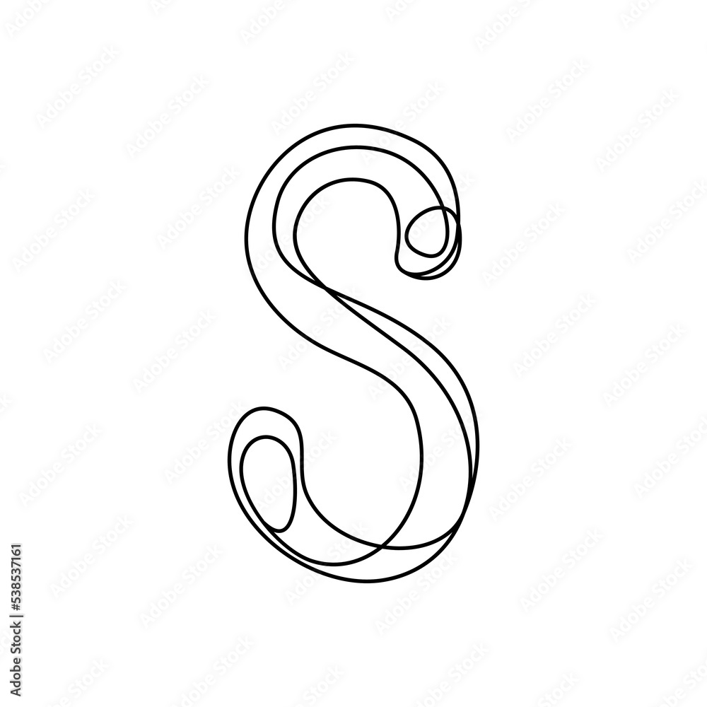 S. Continuous thin line letter S. vector illustration alphabet symbol with one line, minimalistic simple first letter name icon, logo S. Continuous thin line letter S. vector illustration alphabet symbol with one line, minimalistic simple first letter name icon, logo