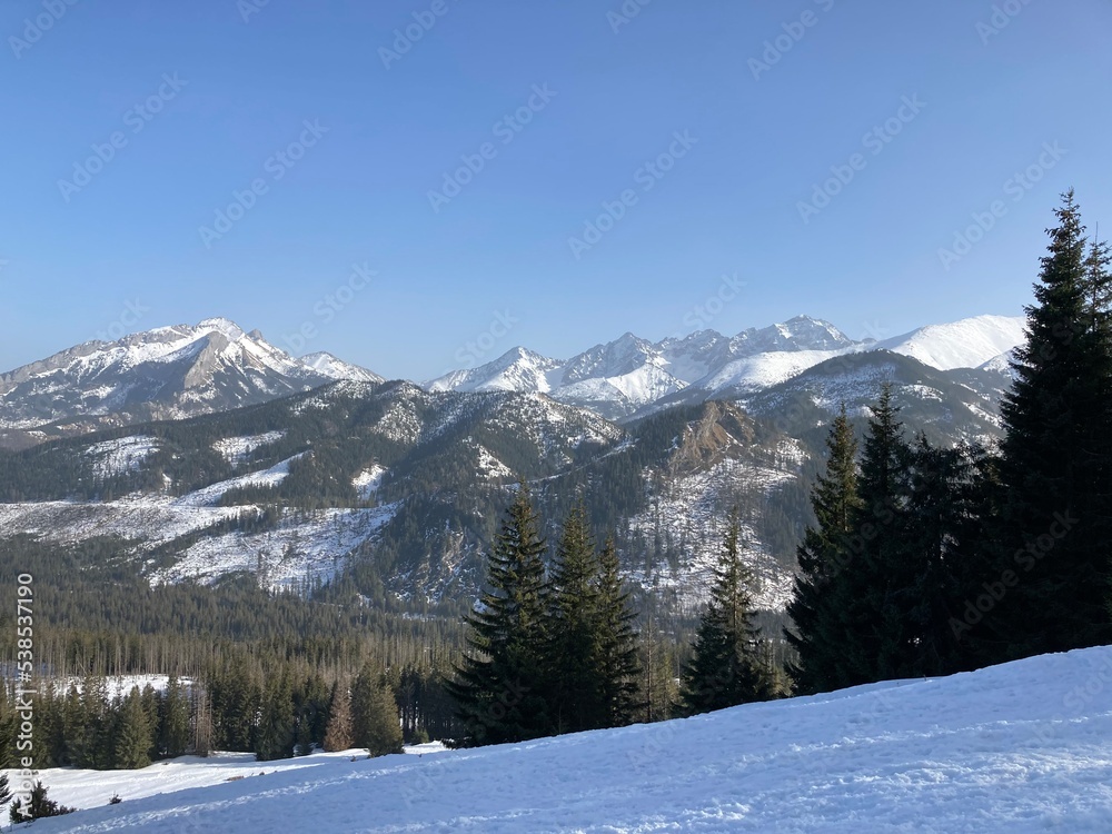 Winter mountains with snow in the winter rocky landscape. Winter nature landscape with mountains, trees, forest, plants and blue sky with clouds and sun. Hiking in the mountain with snowy path. 