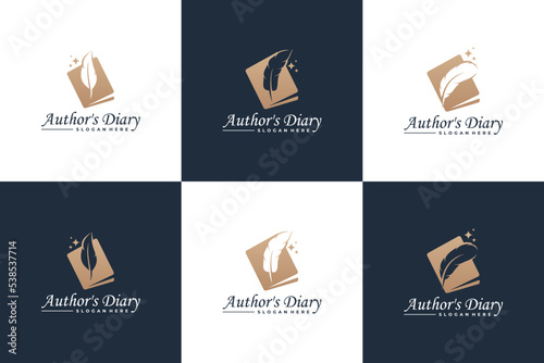 Set of luxury Notes book and quill pen logo design. Feather pen logo template.