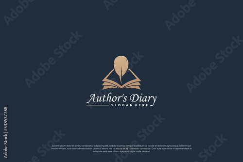 Notes book and quill pen logo design. Feather pen logo template.