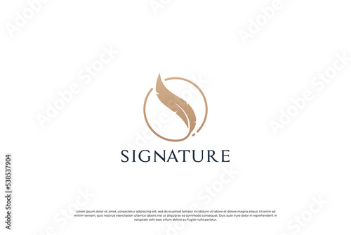 Golden quill signature logo design. Feather pen logo template.