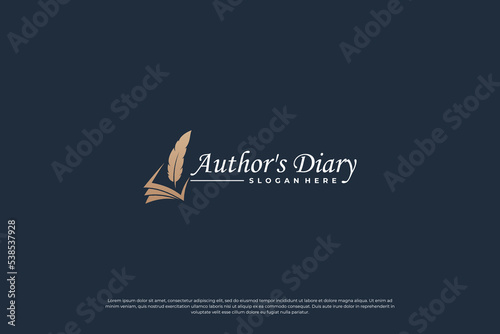 Notes book and quill pen logo design. Feather pen logo template.