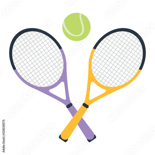 Tennis rackets and a ball. Tennis and ball icon in fashionable flat style, highlighted on a white background. A sports symbol for your web design, logo, user interface. Vector illustration.