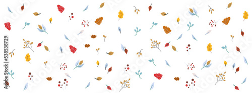 Autumn leaves and berries horizontal background. Abstract childish multicolored foliage. Banner template Flat style vector illustration isolated on white