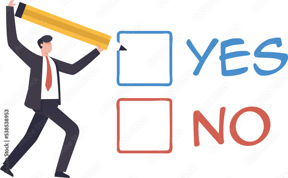 Business decision making, choose yes or no alternative or choices. Compare, Yes or no answer to asking question as choice decision concept. illustration png