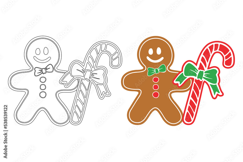 simple christmas coloring book. Gingerbread figurine with candy cane