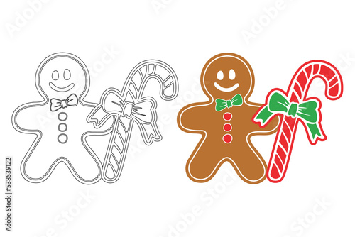 simple christmas coloring book. Gingerbread figurine with candy cane. Coloring book page for kids, cartoon illustration. A set of colored and black and white contours.