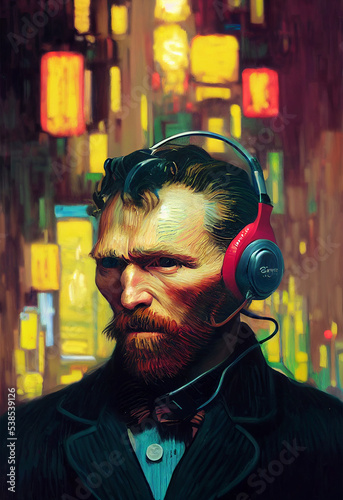 portrait of a person Van Gogh with headphones 